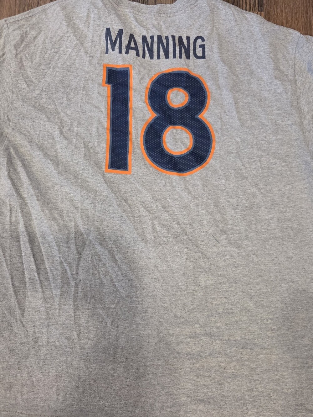Reebok Gray Short-Sleeve Tee with Navy & Orange '18' Peyton Manning XL